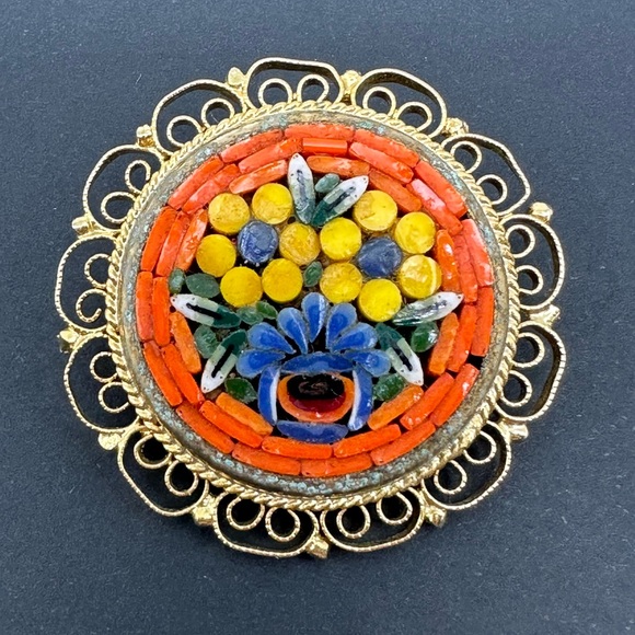 Vintage Italian Micro Mosaic Floral Brooch Scarf Hair Pin - Picture 8 of 9